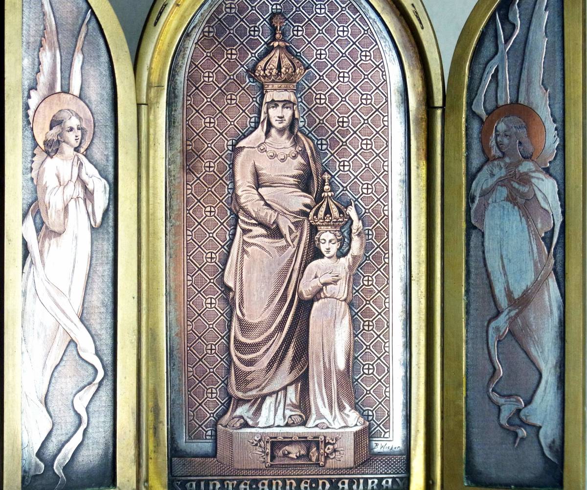 フランスアンティーク Wicker ヴィッケル作 サンタンヌ・ドーレ 聖アンナ 聖母マリア 2人の天使達 三連祭壇 グラヴュール 小祭壇 宗教美術