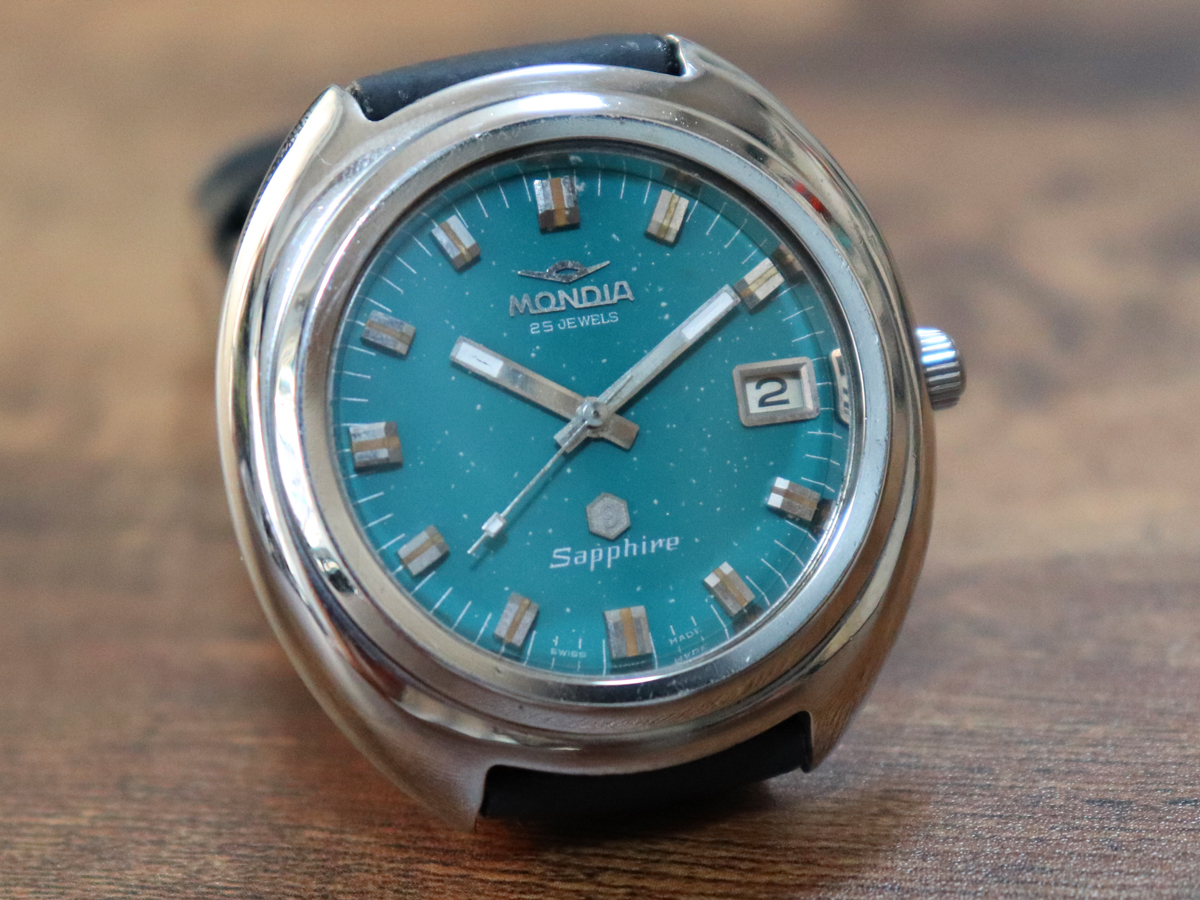 スイスメイド☆ビンテージ1970年代 MONDIA モンディア Sapphire 手巻き式時計 イタリア・ミラノ アンティークウォッチ -Made in Swiss-_画像2