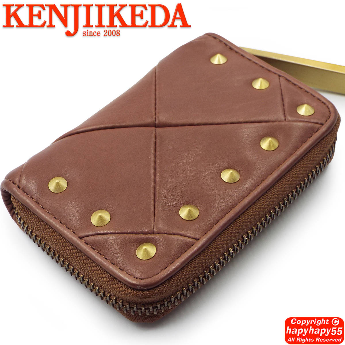 ■KENJIIKEDA（ケンジイケダ） スタッズ レザー カードケース 美品◆ブラウンｘゴールド 革 名刺入 コインケース 小銭入