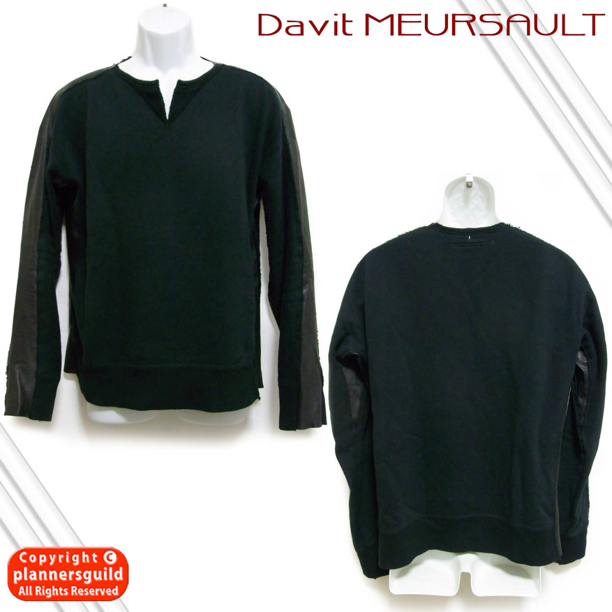 稀少■ダヴィット モルソー Davit MEURSAULT レザー切り替え スウェットカットソー◆長袖 Tシャツ 革 再構築 デザイン ストレッチ_画像3