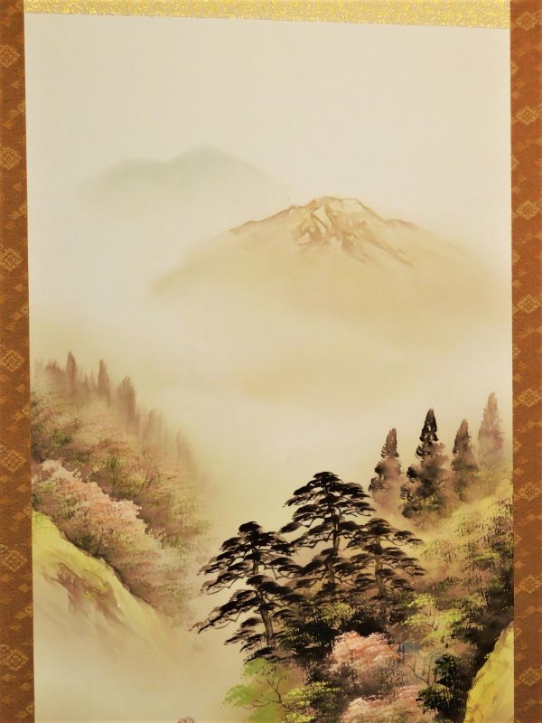 軸装 日本画 田口紅洋「万山乱花」絹本 彩色山水図 二重箱 美品 gtt2005019_画像2