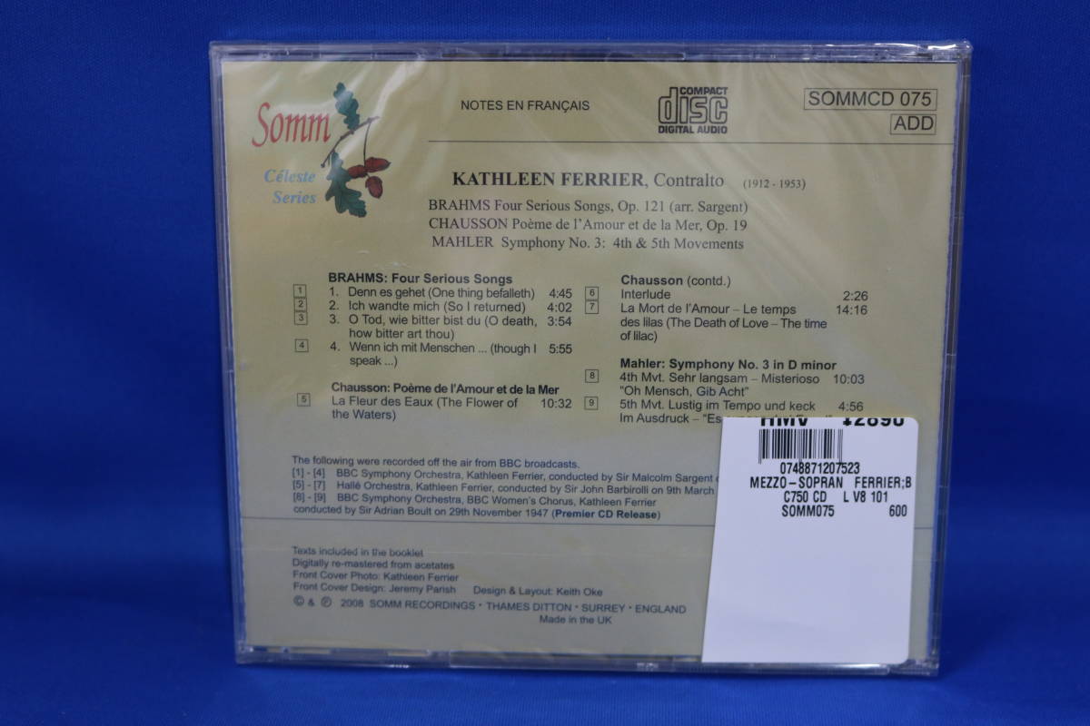 輸入盤《未開封CD》マーラー 歌曲集 フェリアー キャスリーン・フェリアー マルコム・サージェント SOMMCD075 管950_画像2