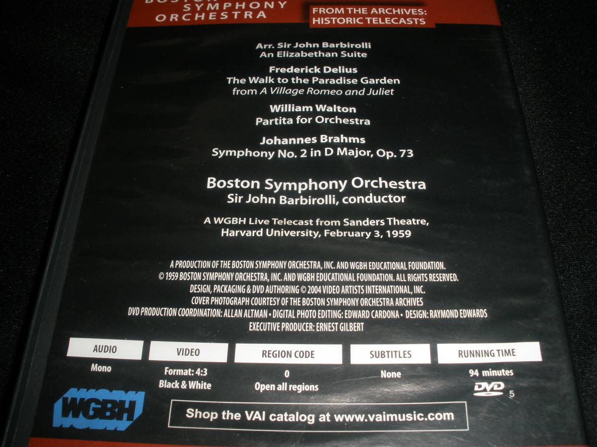 廃盤 DVD バルビローリ ブラームス 交響曲 2番 ウォルトン パルティータ ディーリアス ロメオ 楽園 ボストン交響楽団 Brahms Barbirolli_ブラームス 2番 ウォルトン ディーリアス