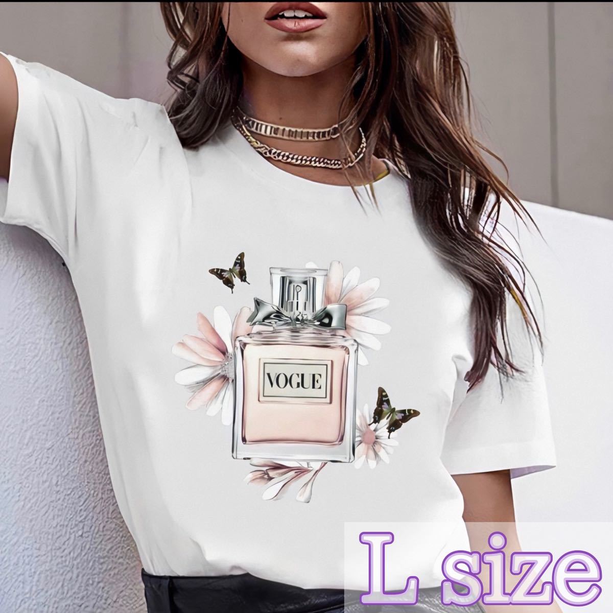 シンプルでおしゃれ☆VOGUEロゴTシャツ 香水デザイン　蝶々　Lサイズ 大特価