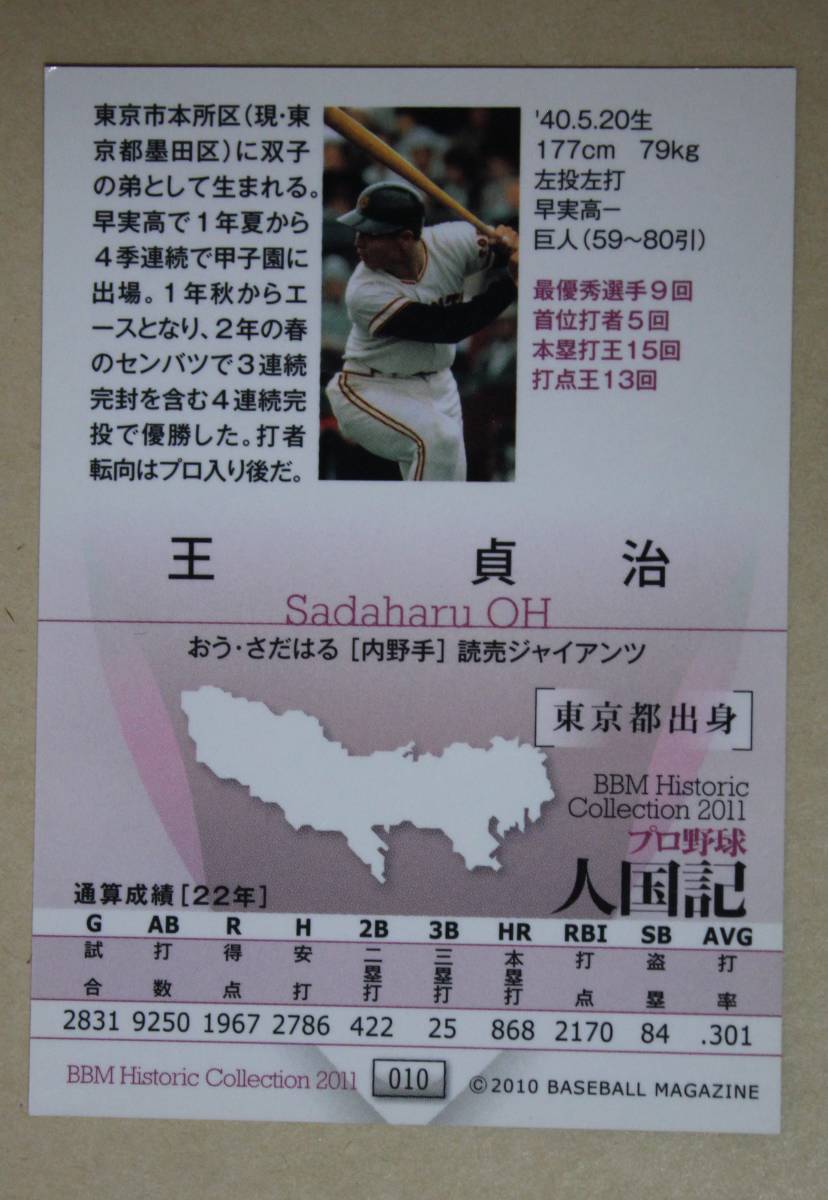 2011年 BBM発行 読売ジャイアンツ(巨人) 王 貞治 選手時代 ヒストリックコレクションカード _画像2