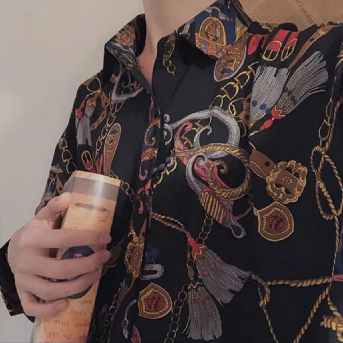 古着 アート柄 シルクシャツ ビックシルエット 総柄シャツ 柄シャツ メンズ