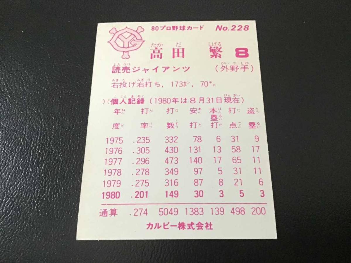 良品　カルビー80年　高田（巨人）　No.228　プロ野球カード_画像2