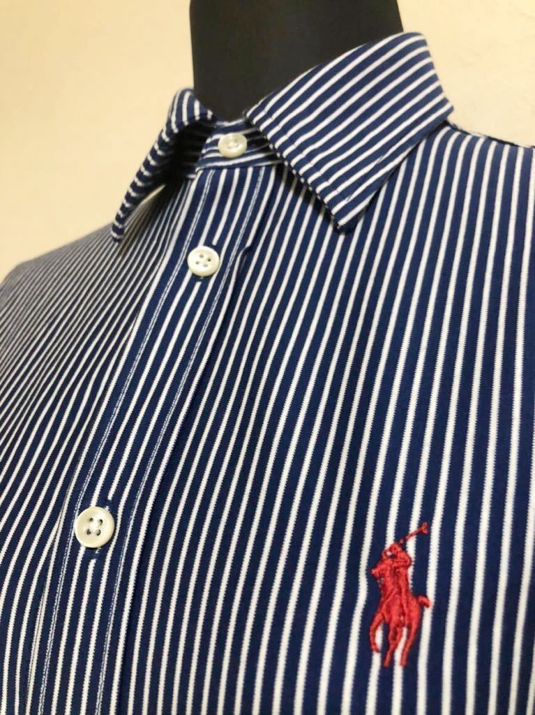 【美品】 Polo Ralph Lauren KNIT DRESS SHIRT ポロ ラルフローレン レディース ストライプ柄 ドレスシャツ トップス サイズXS 長袖 青 白