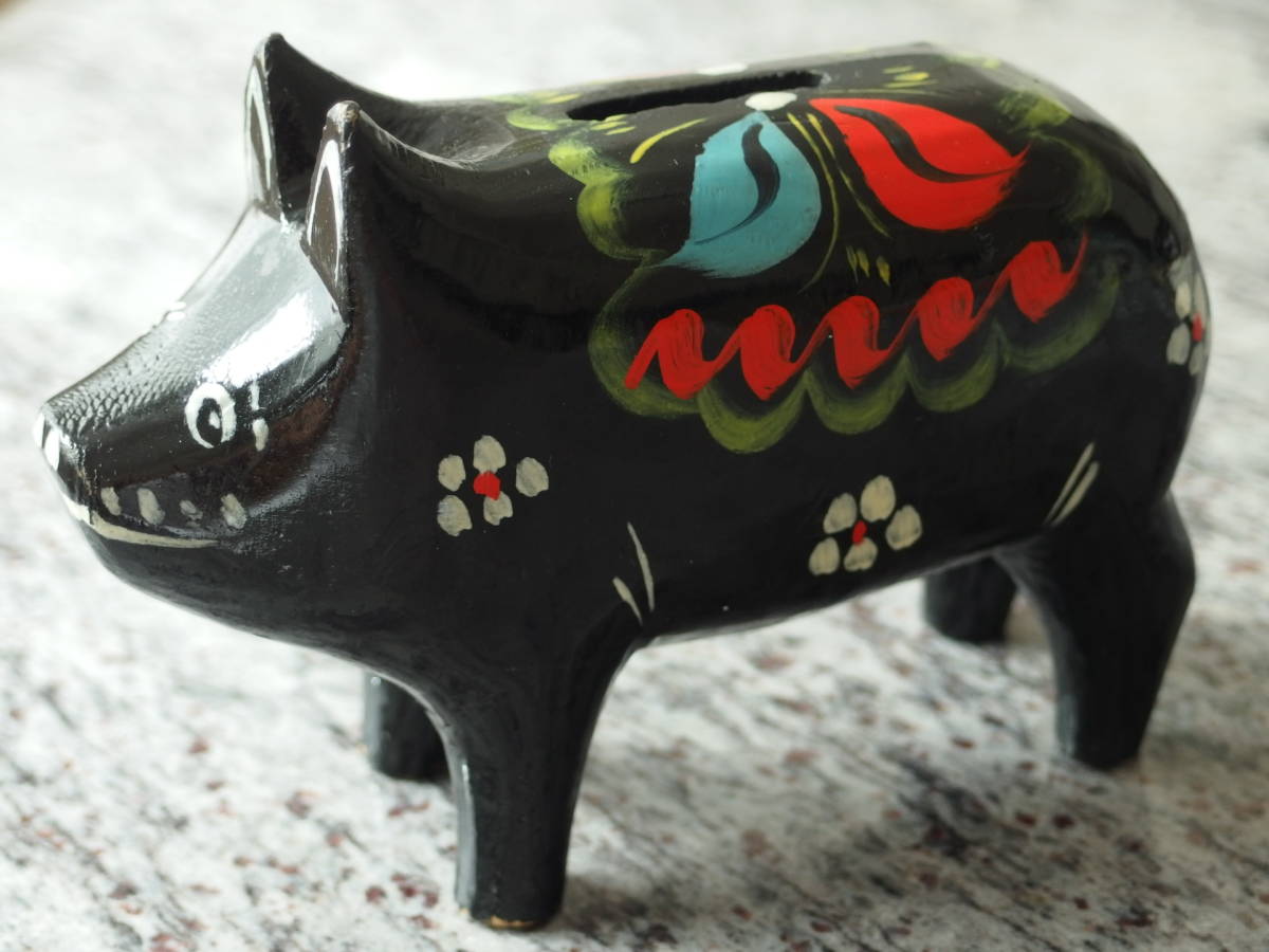 激レア！スウェーデン ダーラピッグ/ダーラナピッグ ピギーバンク 木彫り 豚の貯金箱 (検索: ダーラナホース, ダーラへスト,黒 H10.5cm)