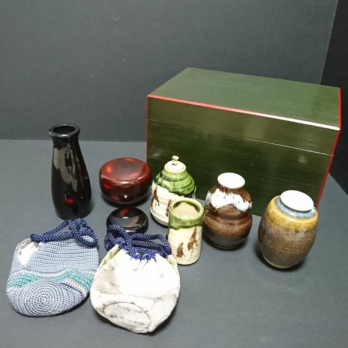 AIKU-YA】利休茶箱 + 茶道具セット 青面朱 根来塗 織部焼 高取焼
