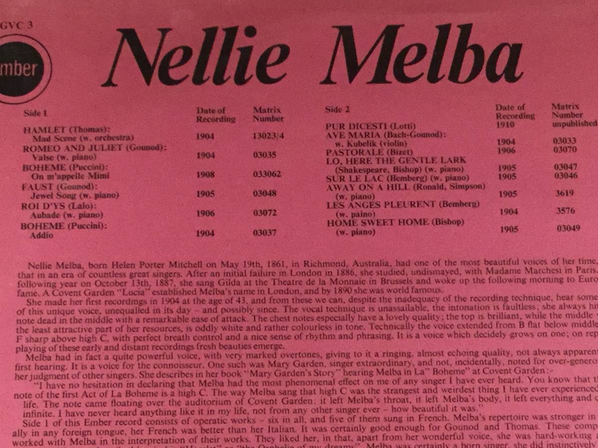 LP(イギリス盤)●ネリー・メルバ Nellie Melba／GREAT VOICES OF THE CENTURY◎ソプラノ・オペラ歌手●ペラジャケット・良好品！_画像3
