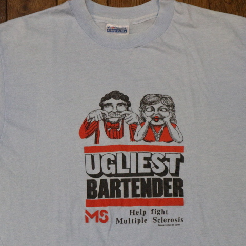 80s USA製 UGLIEST BARTENDER Tシャツ XL ブルー Hanes ユーモア フェイス イラスト デザイン メッセージ オールド ヴィンテージ_画像1