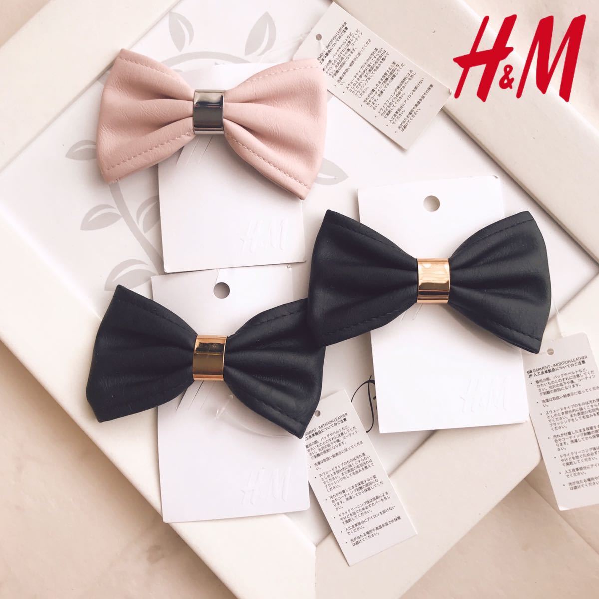# postage included # prompt decision [3 point set ] new goods H&M H and M leather Ribon barrette hair clip hair accessory black / pink set sale ②