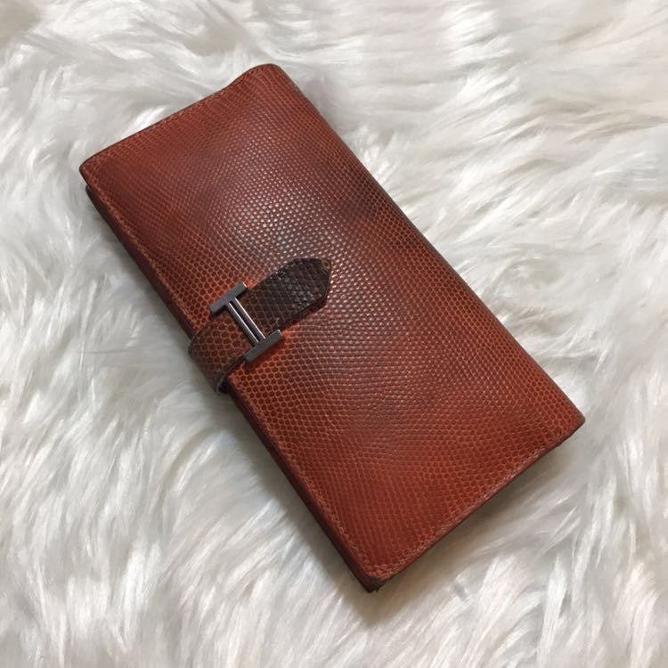 本物 高級 リザード HERMES エルメス ベアン □I刻印 長財布 オレンジ
