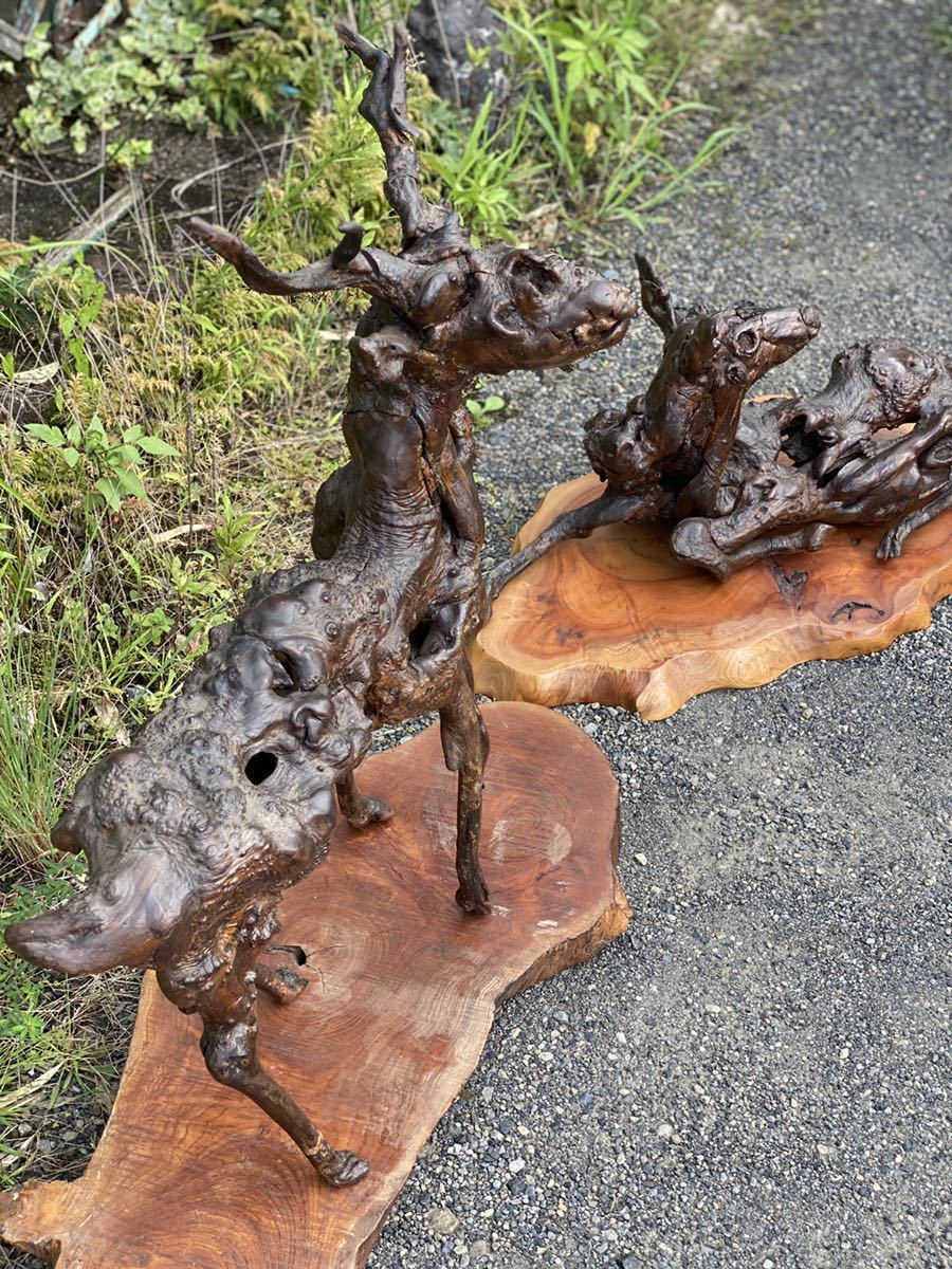 置物 時代物 鹿2匹 天然素材 マンモス 彫刻 骨董 古美術品 置物 時代物 鹿2匹 天然素材 マンモス 彫刻 骨董 古美術品