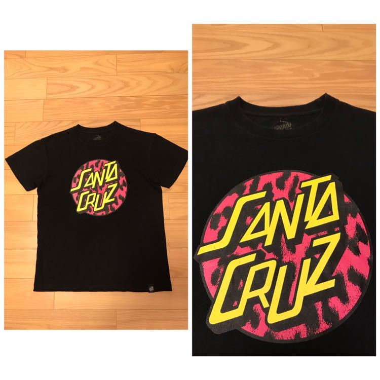 良品☆SANTA CRUZ S/S Tee／サンタクルーズ サイズS 希少フロントBIGロゴ&レオパード柄 プリントTシャツ 黒色 ブラック SK8 スケートボード_画像1