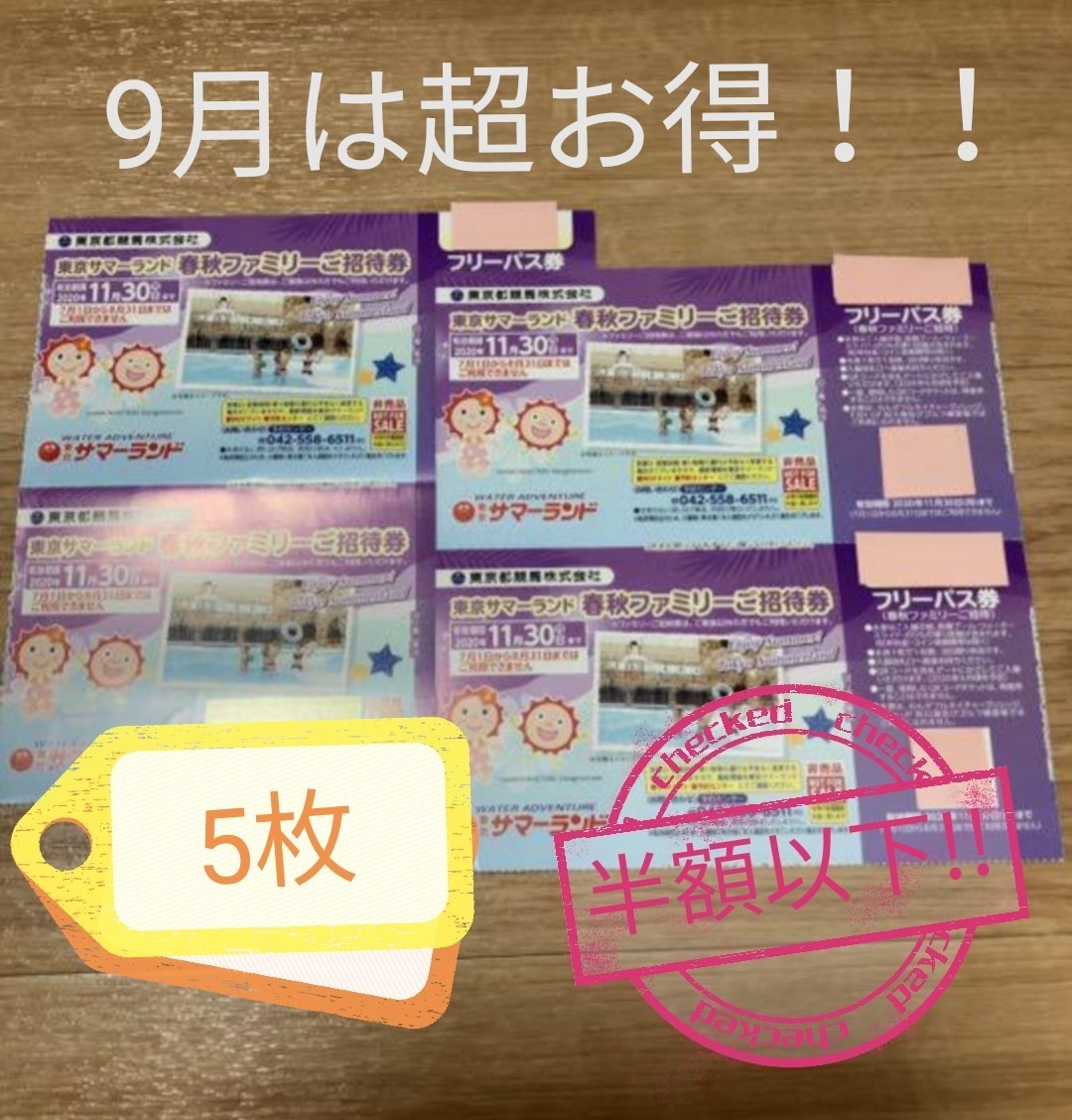 東京サマーランド フリーパスチケット 5枚(9月から使用可)プールも