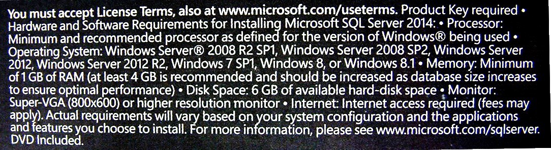 【1367】Microsoft SQL Server 2014 Standard Retail English for United States 885370768688 ... страна  английский язык  издание   нераспечатанный SKU-228-10255