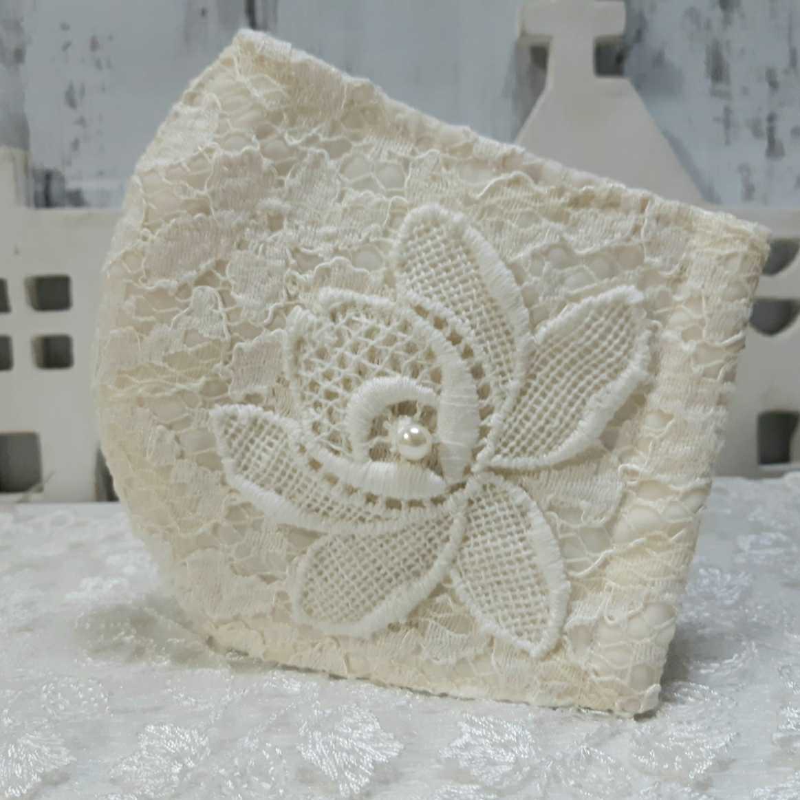花刺繍レース アイボリー 花モチーフ パールビーズ インナーマスク 吸湿冷感ダブルガーゼ ハンドメイド ガーリー 可愛い