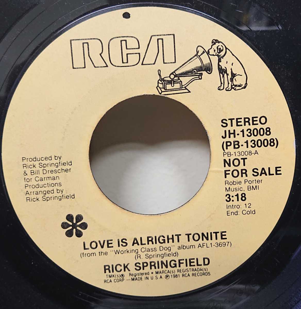 *RICK SPRINGFIELD/LOVE IS ALRIGHT TONIGHT'1981USA RCA PROMO7INCH_画像2