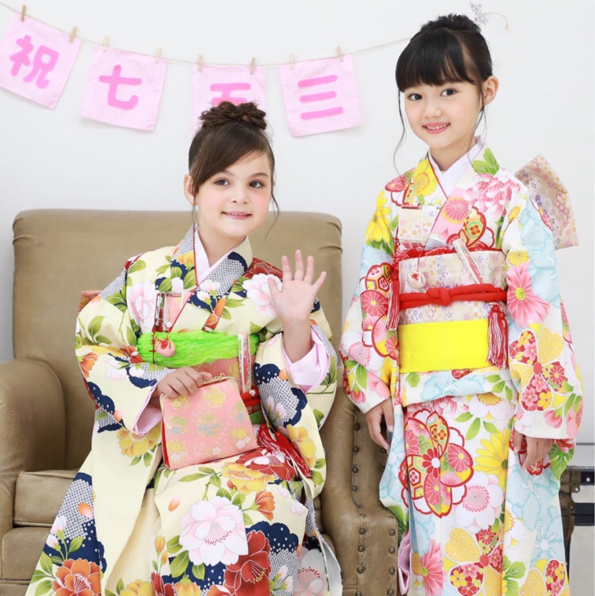 七五三 着物 7歳 新品 四つ身着物16点セット 27.白地に桜と菊