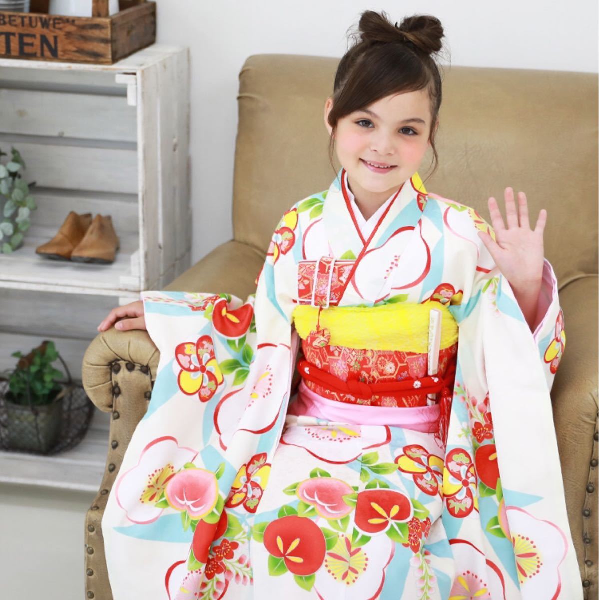 七五三 着物 7歳 新品 四つ身着物16点セット 25.白地に梅と桃