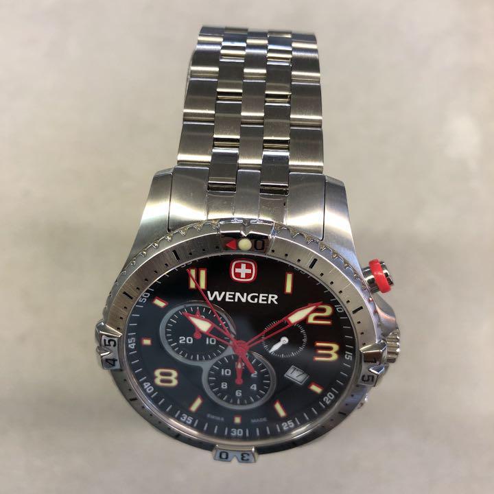 ウェンガー]Wenger 腕時計 MADE IN SWISS クロノグラフ Squadron Chrono Black Dial Steel  Bracelet Watch 77056 メンズ SWISS MADE