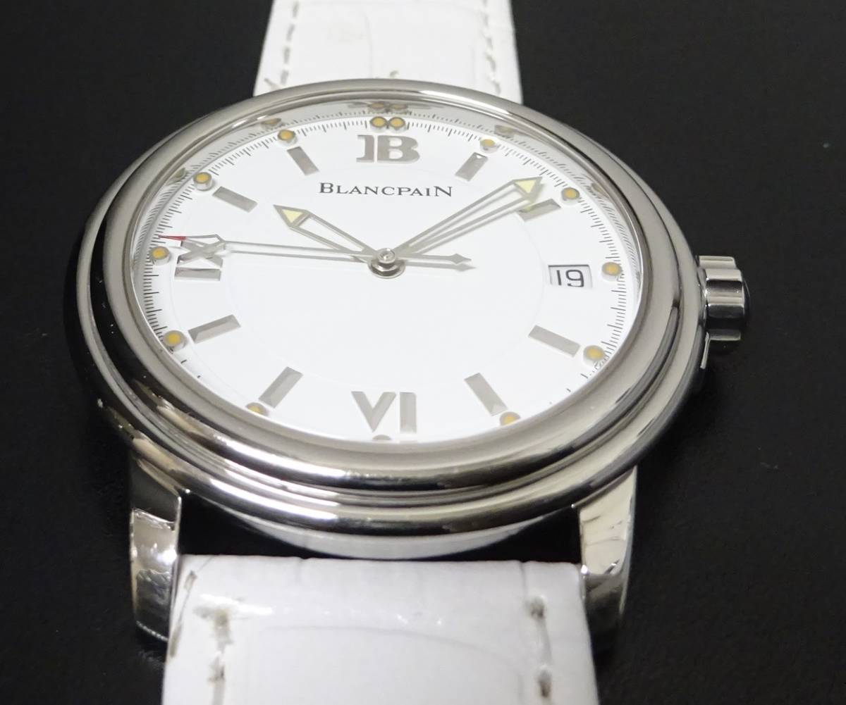 精度良好 良品 BLANCPAIN ブランパン レマン デイト 白文字盤 38mmケース メンズサイズ 自動巻 新品ホワイトレザーベルト 本物の画像4