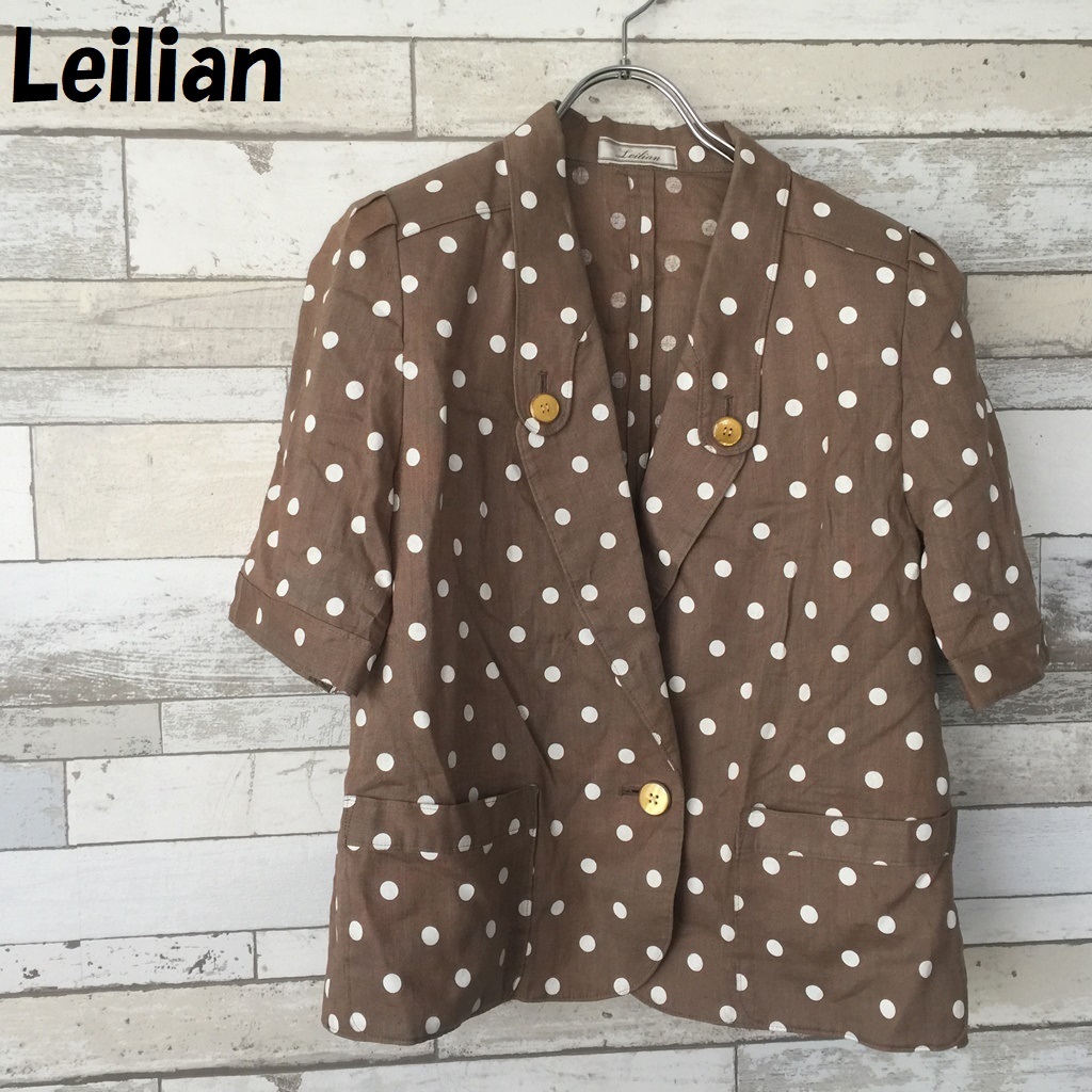 Leilian レリアン ドット柄 半袖 ジャケット 麻 リネン 100％ ブラウン×水玉 サイズ9 美品 レディース/4247_画像1