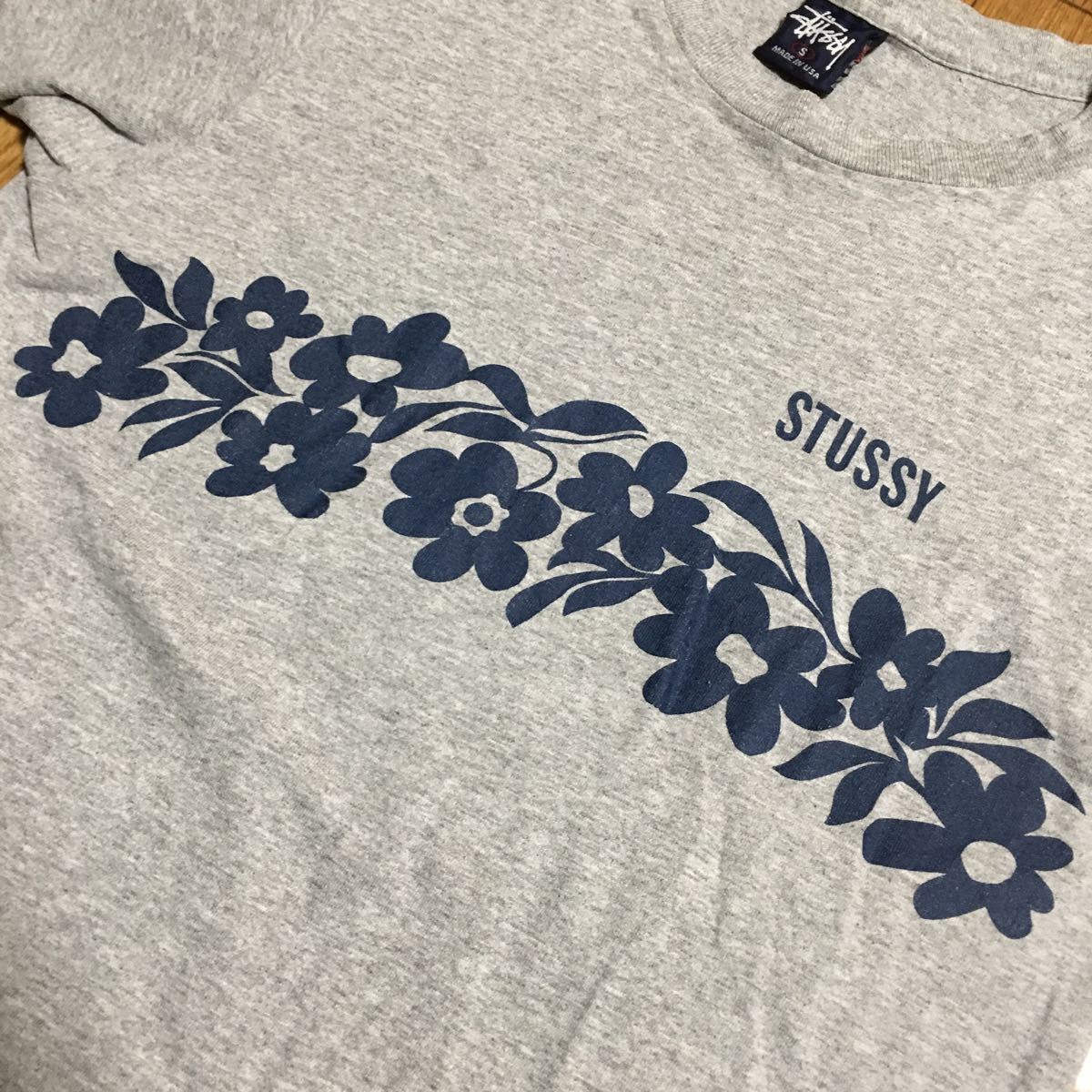 90s USA製 stussy 花柄 Tシャツ グレー Sサイズ 古着 ヴィンテージ ステューシー