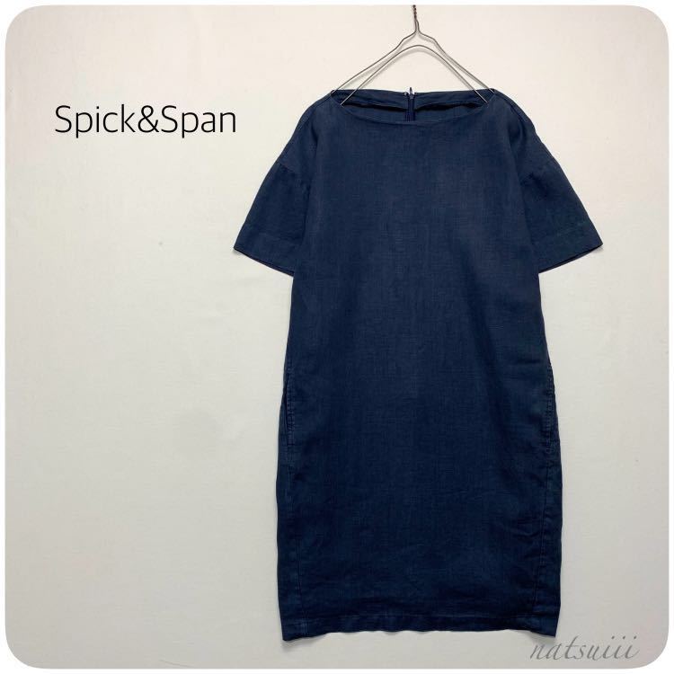 Spick&Span スピックアンドスパン . 定番 ベーシック 麻100 リネン ワンピース バックジップ ネイビー 送料無料_画像1