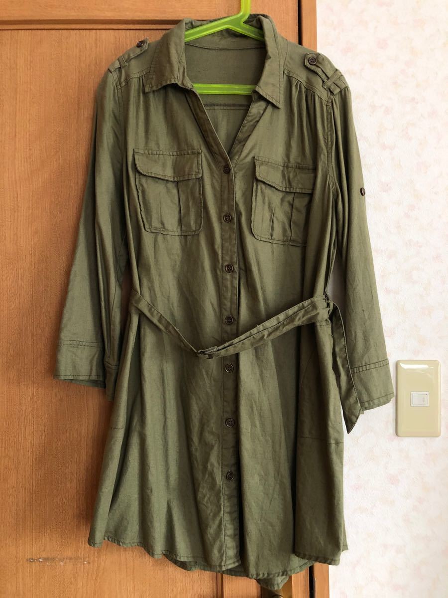 Paypayフリマ シャツワンピース カーキ色 ベルト付き 秋服 長袖 Paypayフリマ シャツワンピース カーキ色 ベルト付き 秋服 長袖