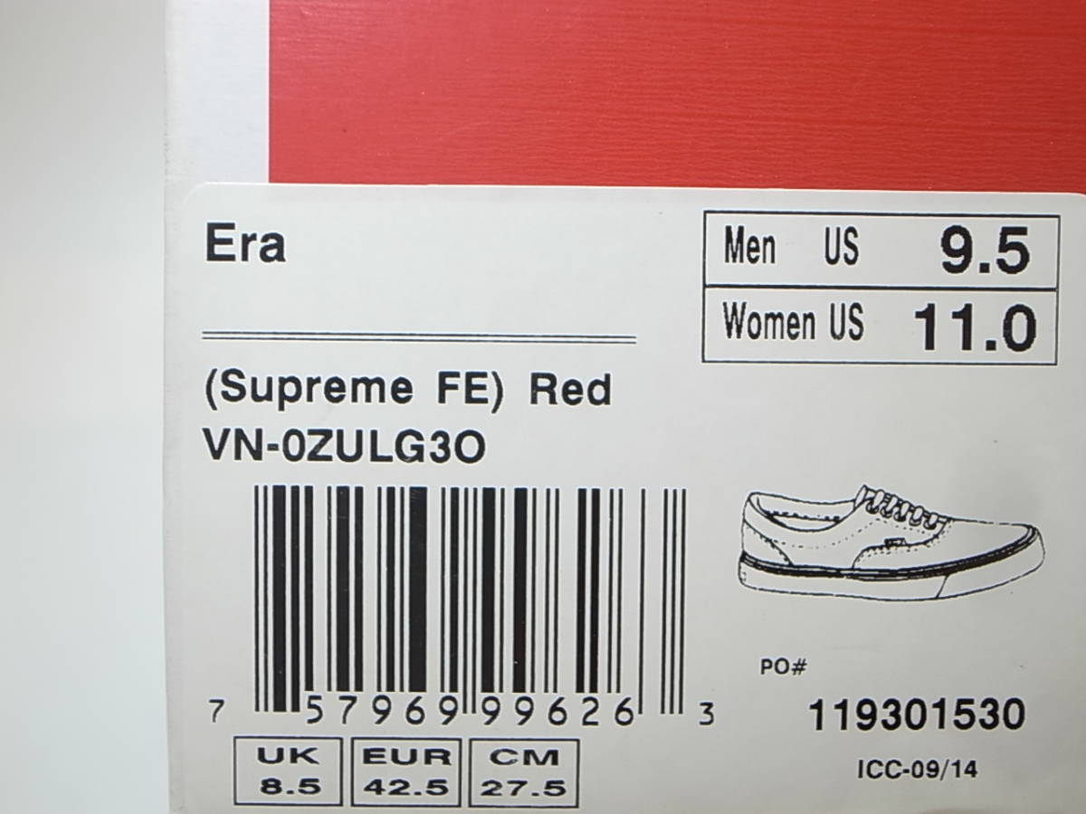 【即決 送料無料】Supreme x VANS Era Fuck Em FE F*ck 27.5cm US9.5新品 シュプリーム バンズ 別注 限定 エラ 赤REDレッド 2014年リリース