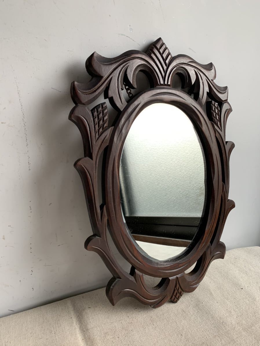 ヤフオク! - 木彫のデザインが素敵な木枠のオーバル型壁掛けミラー鏡