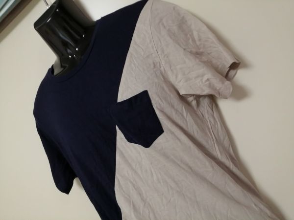 kkyj4414 ■ GU ■ ジーユー Tシャツ カットソー トップス 半袖 バイカラー コットン 紺×グレージュ L_画像4