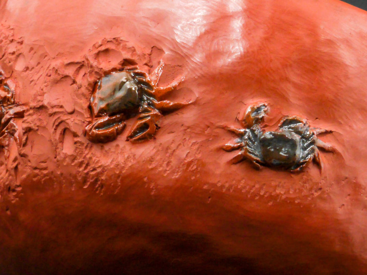 【値下げ交渉有り】 希少 幻の一品 名工 中川鷺脚 造 鷺脚焼 朱泥 蟹彫刻 細密彫刻 茶碗 合箱 茶道具