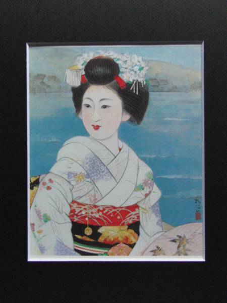 梶原緋佐子、鴨川の夕涼み、希少画集画、新品額装付、状態良好、gao_画像3