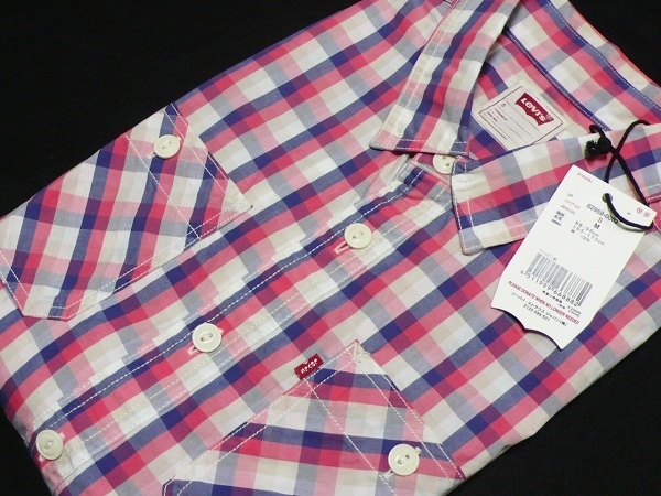 新品LEVISリーバイス半袖チェックワークシャツM(S)白紺赤ベージュ\4400