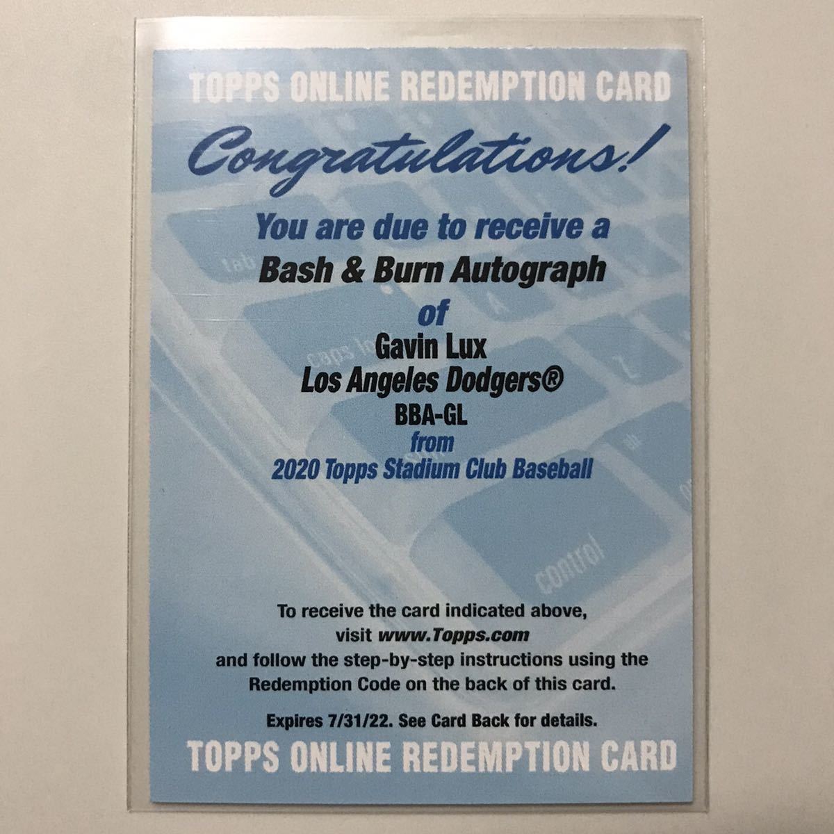 RC！[Gavin Lux] /10！[2020 Topps Stadium Club Baseball](Insert(Bash and Burn)Autograph BBA-GL)(Los Angeles Angels(LAA))