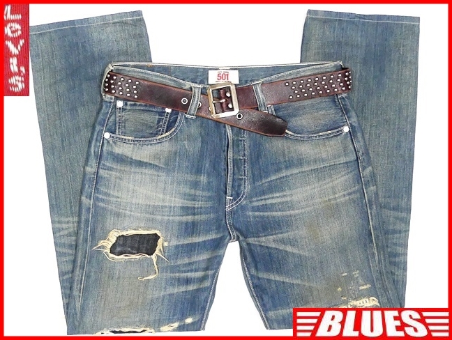 即決★リーバイス501★W32 ハードダメージ加工 ジーンズ Levis メンズ ストレート 廃盤 デニム 限定 ボタンフライ 鬼ヒゲ ボトムス_画像1