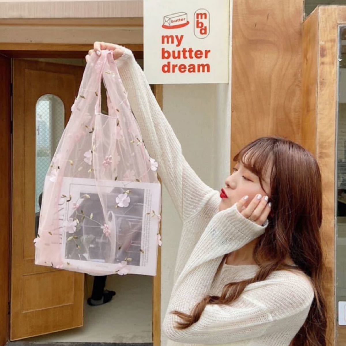 チュールバッグ　オーガンジーバッグ　花柄刺繍 トートバッグ　エコバッグ 韓国