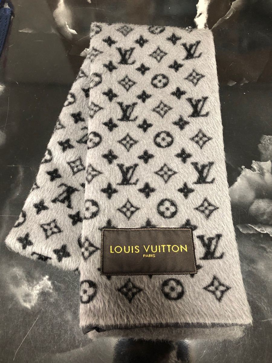 本物 ルイヴィトン アルパカマフラー グレー モノグラム 柄 高級 LV LOUIS VUITTON 