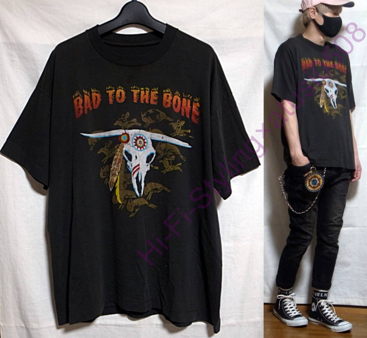 80's ヴィンテージ BAD TO THE BONE Tシャツ 黒 Harley Dvidson vintage ハーレーダビッドソン モーターサイクル ロック L～XL