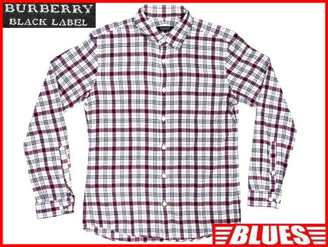 即決★BURBERRY BLACK LABEL★メンズM 廃版 チェックシャツ バーバリーブラックレーベル 2 白 えんじ 三陽商会正規 ナイト刺繍 長袖