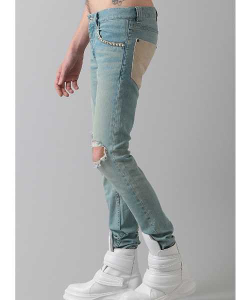 NO ID BLACK×OVERDESIGN 17SS レザースタッズ クラッシュ スキニー