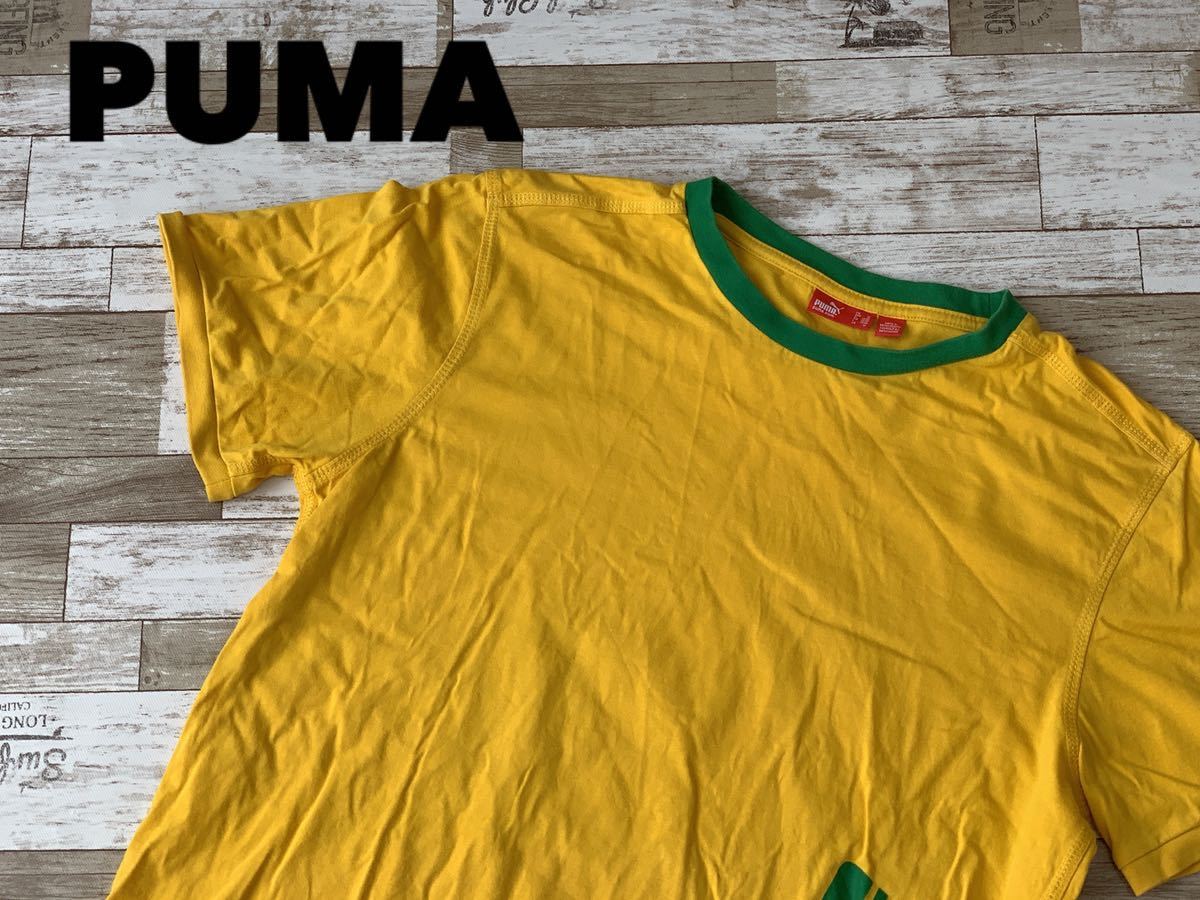 ☆送料無料☆ PUMA プーマ 古着 半袖 ロゴ Tシャツ メンズ M イエロー トップス 中古 即決 リンガーTシャツ_画像1