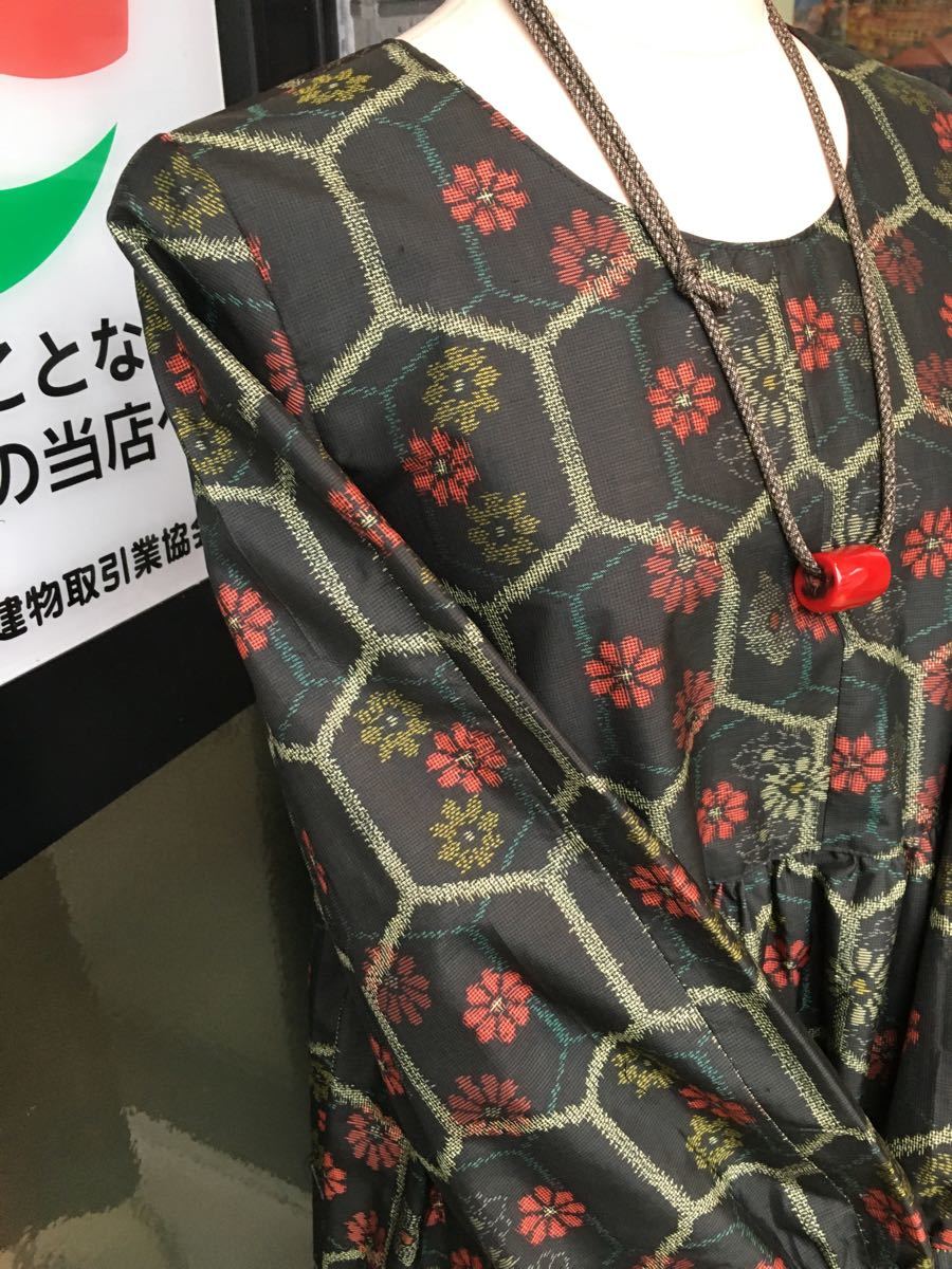 大島のワンピース　花柄　着物リメイク