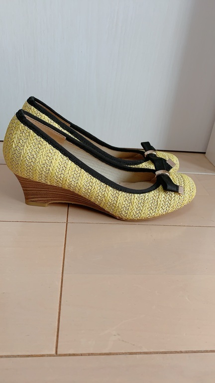  Wedge sole pumps flax made vivid yellow. middle . silver .kilali*[ yellow ][23.0cm] [NS-205]