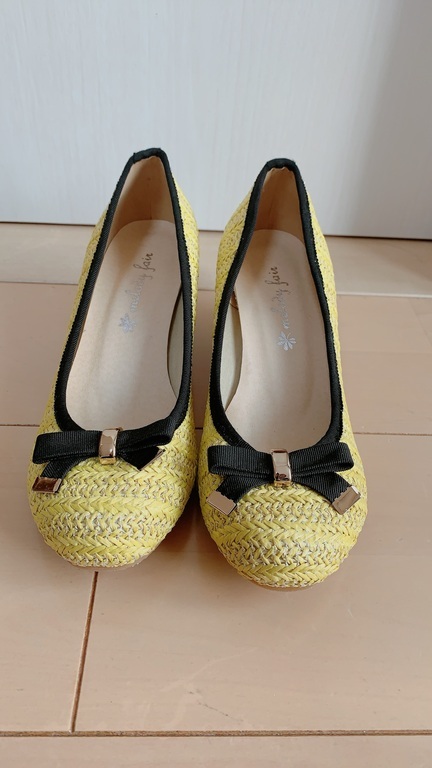  Wedge sole pumps flax made vivid yellow. middle . silver .kilali*[ yellow ][23.0cm] [NS-205]