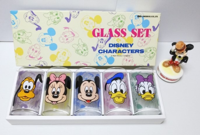 Disney ①90s ヴィンテージ 日本製 未使用品 キャラクター グラスセット+②おまけ USED品 ミッキーオルゴール※オフィシャル(ライセンス)